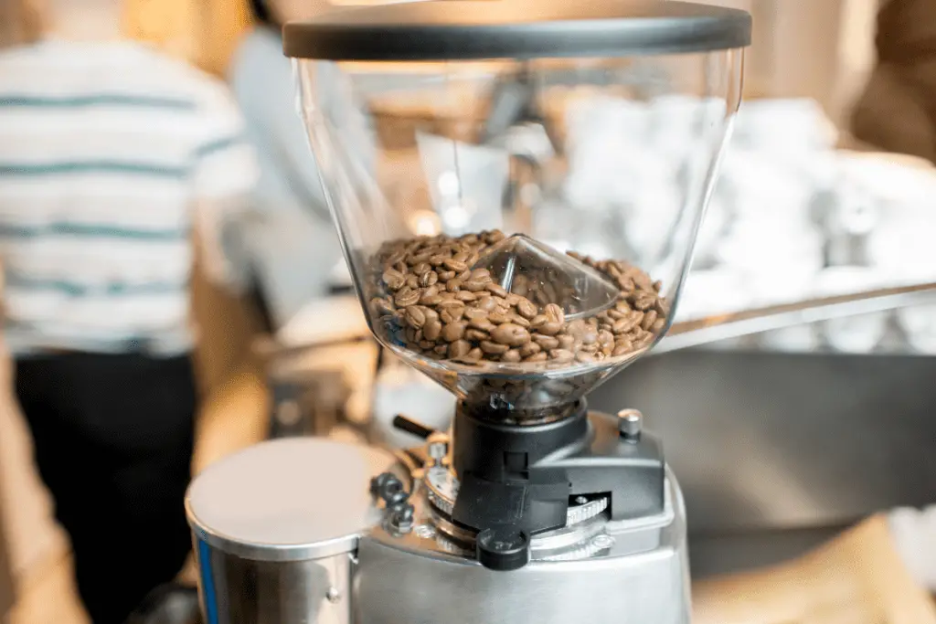 coffee beans in the hopper of an electric burr grinder.