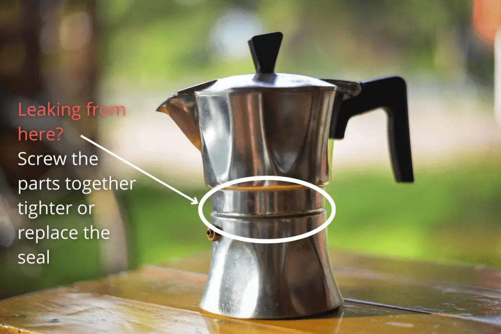 The location of a leak on a moka pot and what to do about it